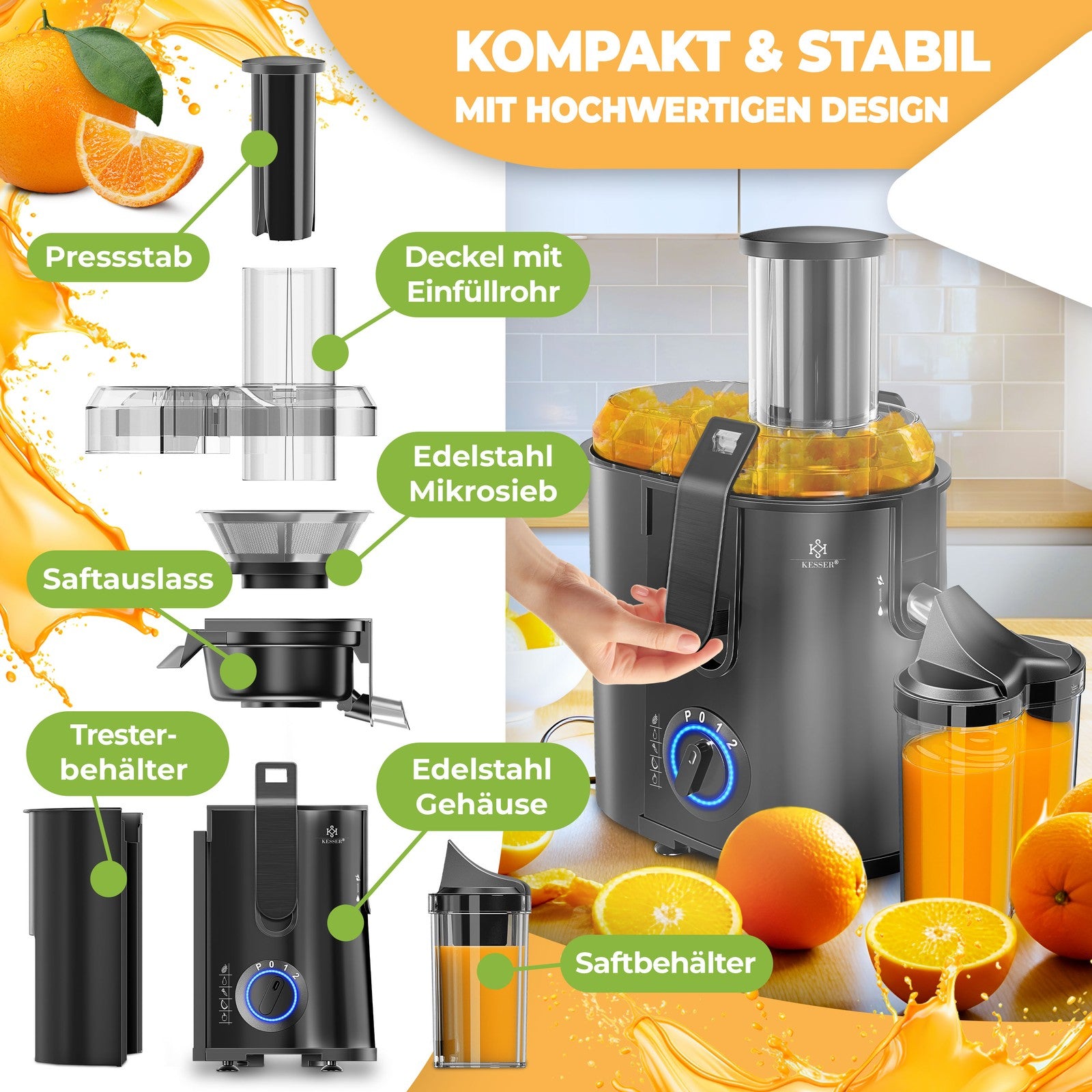 KESSER® Entsafter Saftpresse Edelstahl 1100W 85Mm Presse Obstpresse Saft Juicer