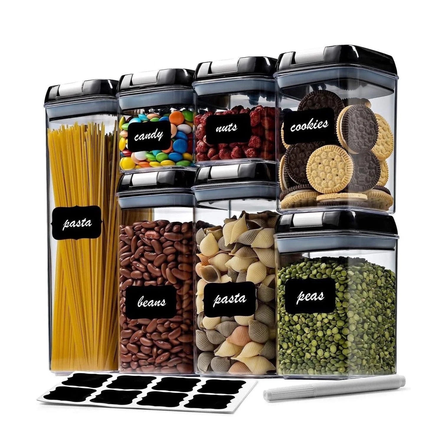 7 Pieces Airtight Food Storage Container Set Kitchen Organization Containers with 8 Labels & Chalk Marker BPA Free Clear Plastic Kitchen and Pantry Organization Containers