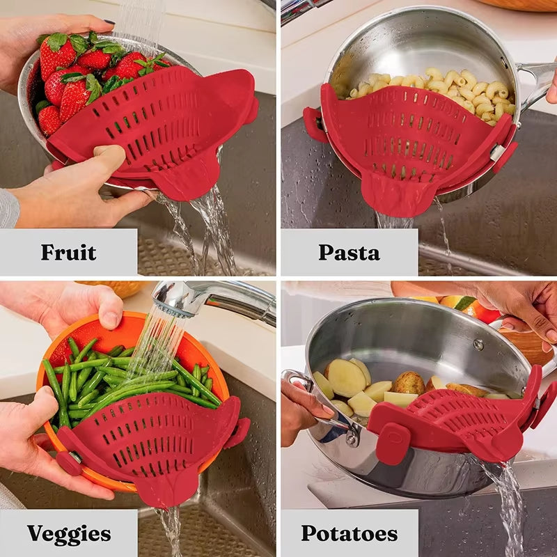 Universal Silicone Clip on Pan Pot Strainer anti Spill Pasta Pot Strainer Food Grade Fruit Colander for Pasta Fruit Vegetable