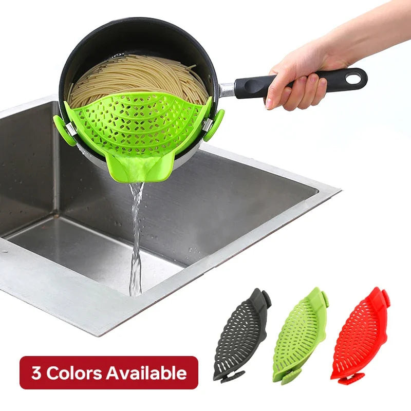 Universal Silicone Clip on Pan Pot Strainer anti Spill Pasta Pot Strainer Food Grade Fruit Colander for Pasta Fruit Vegetable